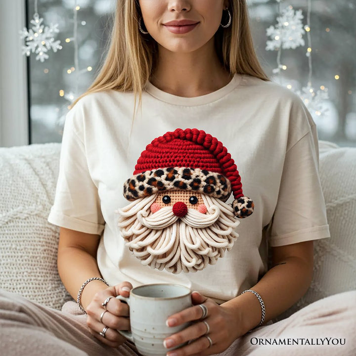 Santa Leopard Hat Christmas T-Shirt, Imitation Latch Hook Yarn Cozy Tee T-Shirts OrnamentallyYou 
