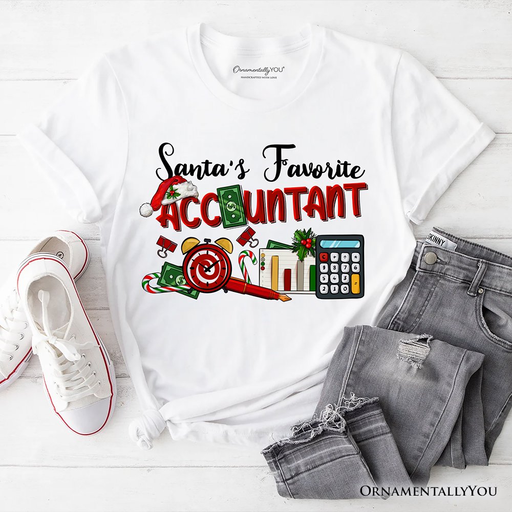 Santa’s Favorite Accountant Christmas T-Shirt, Merry Holiday Tee for Bookkeepers T-Shirts OrnamentallyYou White XS 
