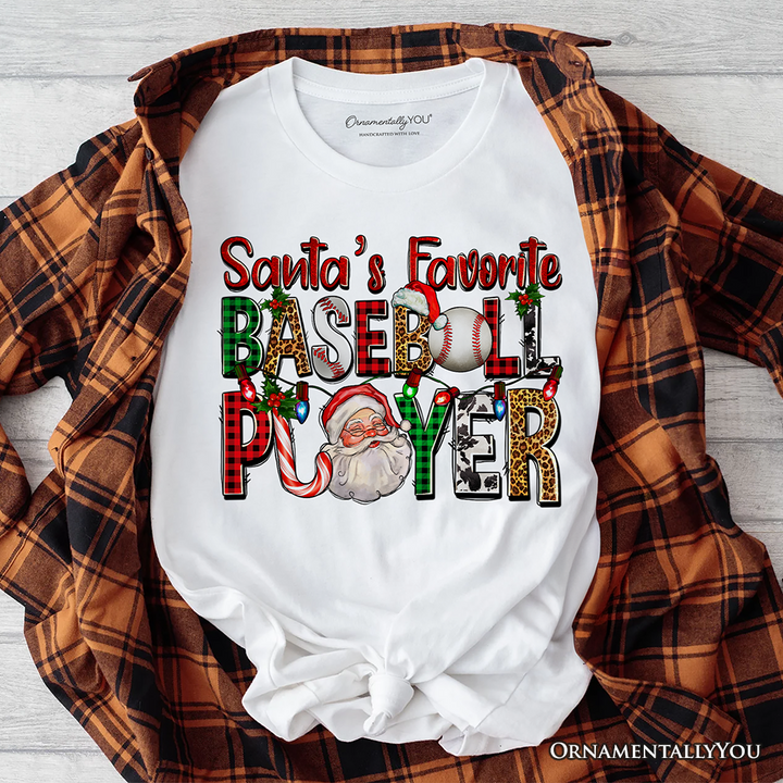Santa’s Favorite Baseball Player Plaid Christmas T-Shirt, Sports Team Holiday Tee