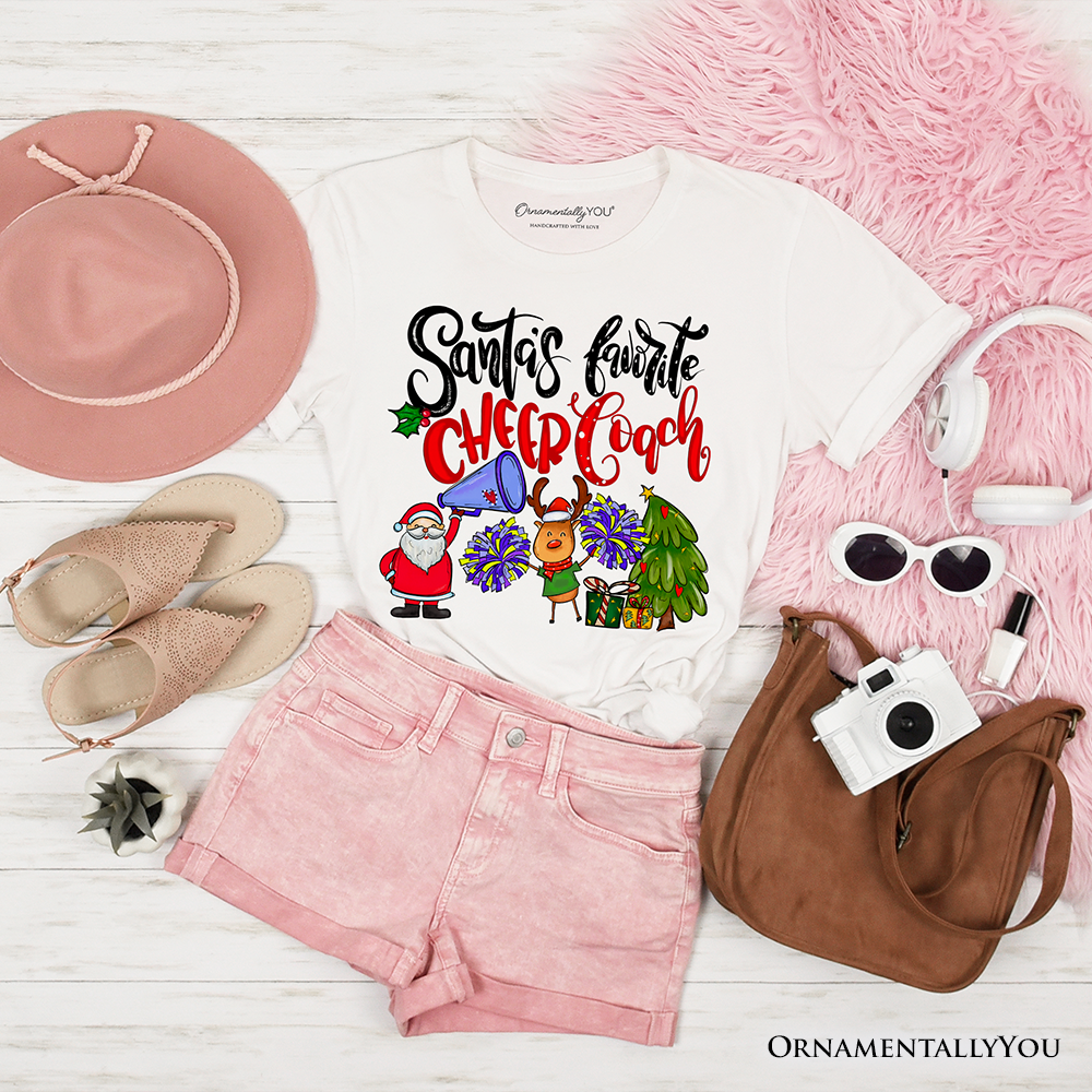 Santa’s Favorite Cheer Coach Christmas T-Shirt, Festive Cheerleading Tee