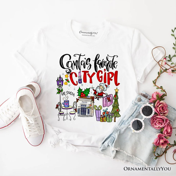 Santa's Favorite City Girl T-Shirt, Merry Christmas Shopping Tee T-Shirts OrnamentallyYou White XS 