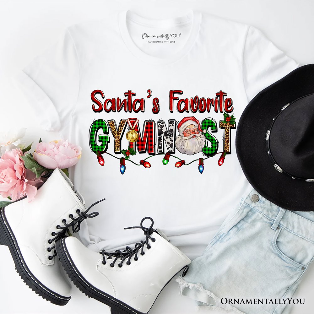 Santa’s Favorite Gymnast Plaid Christmas T-Shirt, Sports Team Holiday Tee T-Shirts OrnamentallyYou White XS 