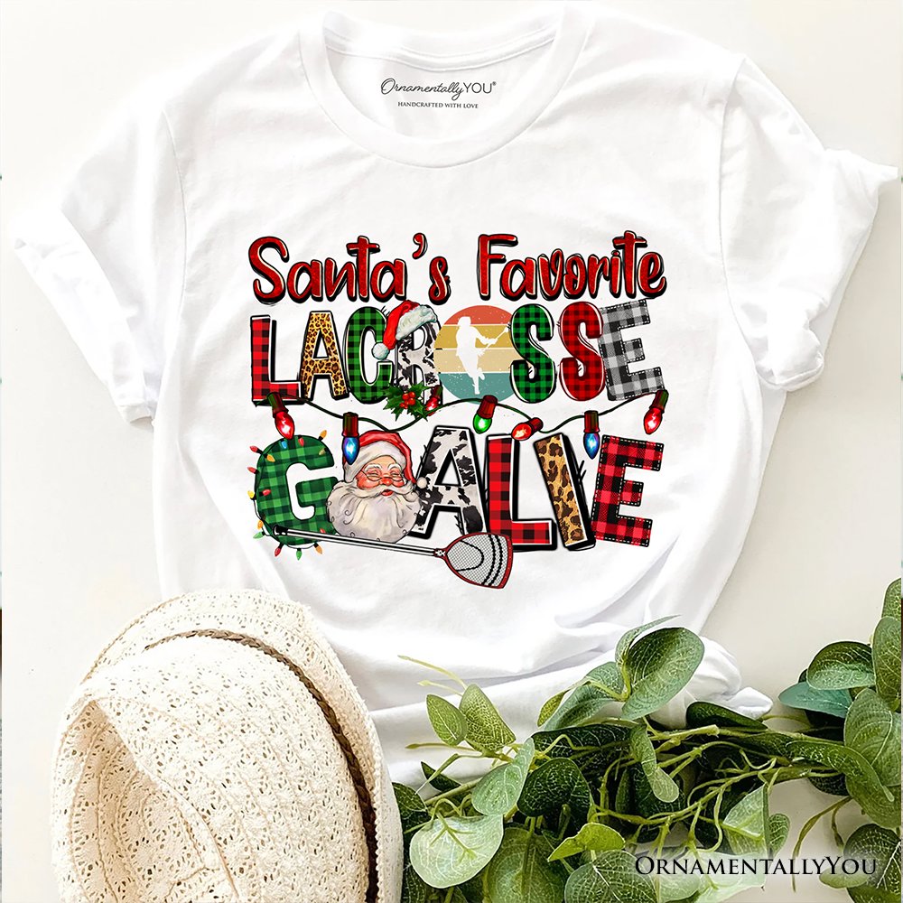 Santa’s Favorite Lacrosse Goalie Plaid Christmas T-Shirt, Sports Team Holiday Tee T-Shirts OrnamentallyYou White XS 