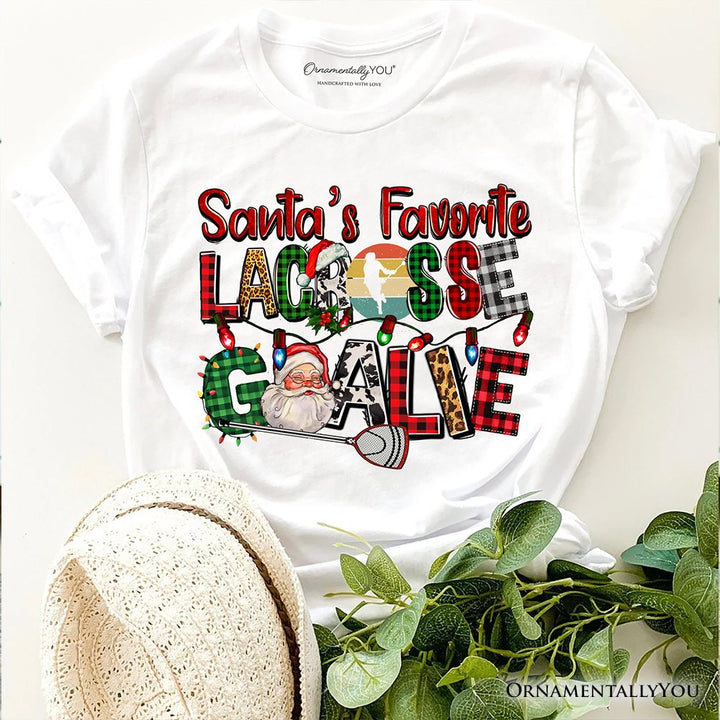 Santa’s Favorite Lacrosse Goalie Plaid Christmas T-Shirt, Sports Team Holiday Tee T-Shirts OrnamentallyYou White XS 