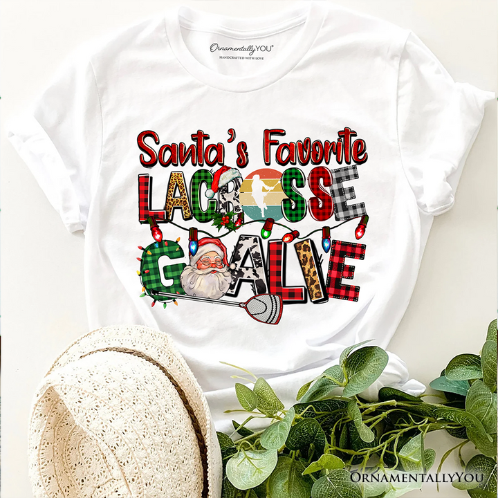 Santa’s Favorite Lacrosse Goalie Plaid Christmas T-Shirt, Sports Team Holiday Tee