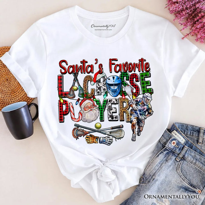 Santa’s Favorite Lacrosse Player Plaid Christmas T-Shirt, Sports Team Holiday Tee T-Shirts OrnamentallyYou White XS 
