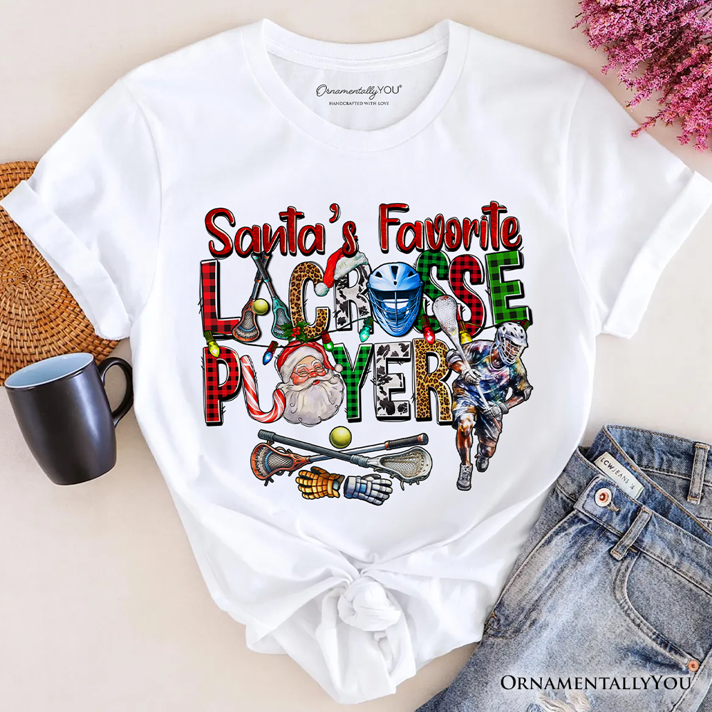 Santa’s Favorite Lacrosse Player Plaid Christmas T-Shirt, Sports Team Holiday Tee