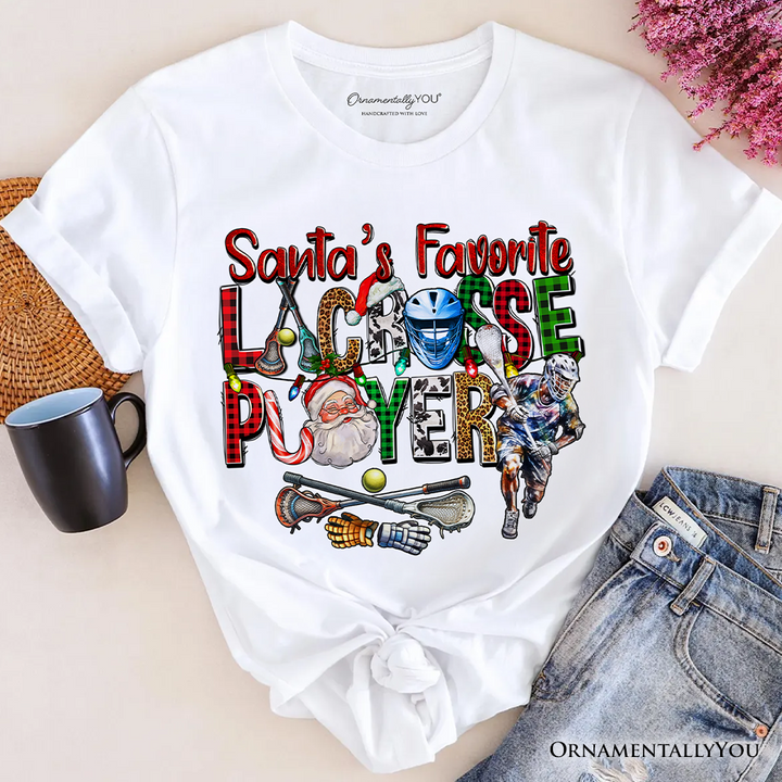 Santa’s Favorite Lacrosse Player Plaid Christmas T-Shirt, Sports Team Holiday Tee