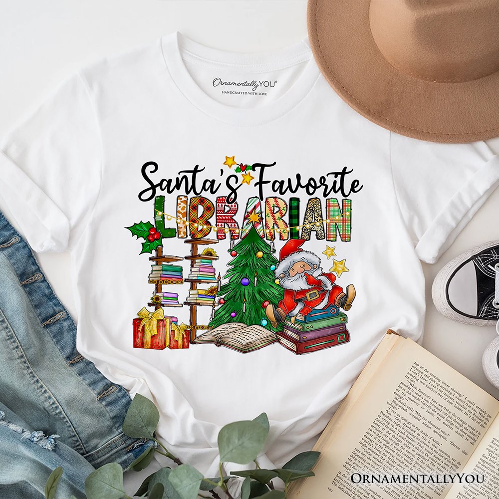 Santa’s Favorite Librarian T-Shirt, Merry Christmas Tee T-Shirts OrnamentallyYou White XS 