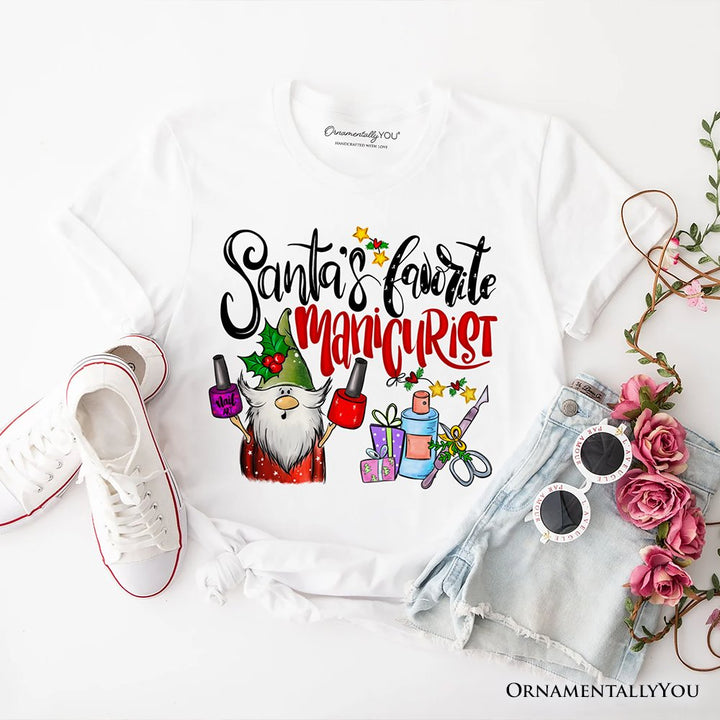 Santa’s Favorite Manicurist Nail Studio T-Shirt, Stylish Holiday Tee for Beauty Technicians T-Shirts OrnamentallyYou White XS 