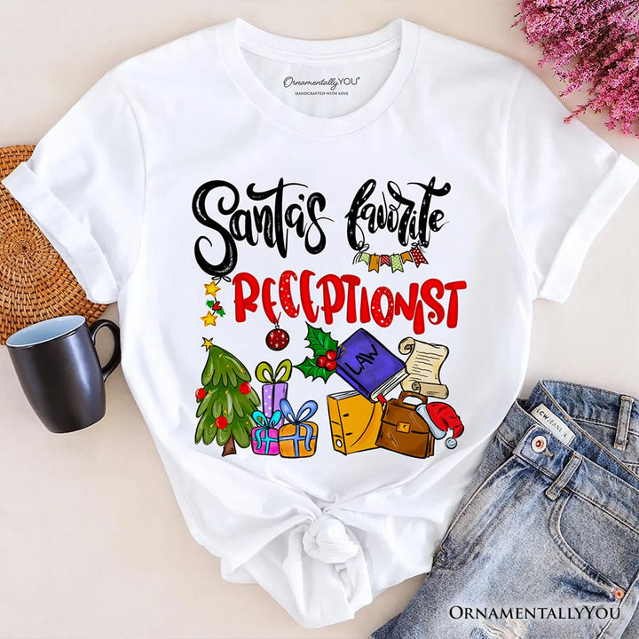 Santa’s Favorite Receptionist T-Shirt, Merry Christmas Front Desk Tee T-Shirts OrnamentallyYou White XS 