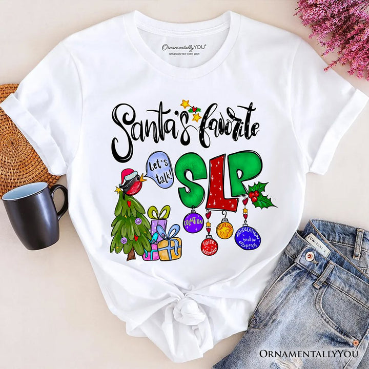 Santa’s Favorite SLP T-Shirt, Festive Christmas Tee for Speech Therapists T-Shirts OrnamentallyYou White XS 