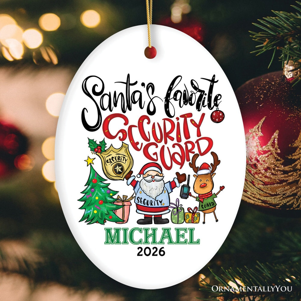 Santa’s Favorite Security Guard Personalized Christmas Ornament, Festive and Funny Appreciation Custom Gift Ceramic Ornament OrnamentallyYou Oval 