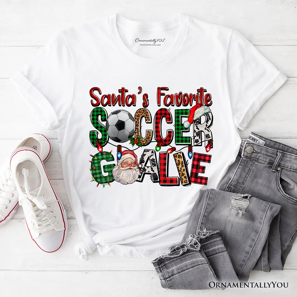Santa’s Favorite Soccer Goalie Plaid Christmas T-Shirt, Sports Team Holiday Tee T-Shirts OrnamentallyYou White XS 