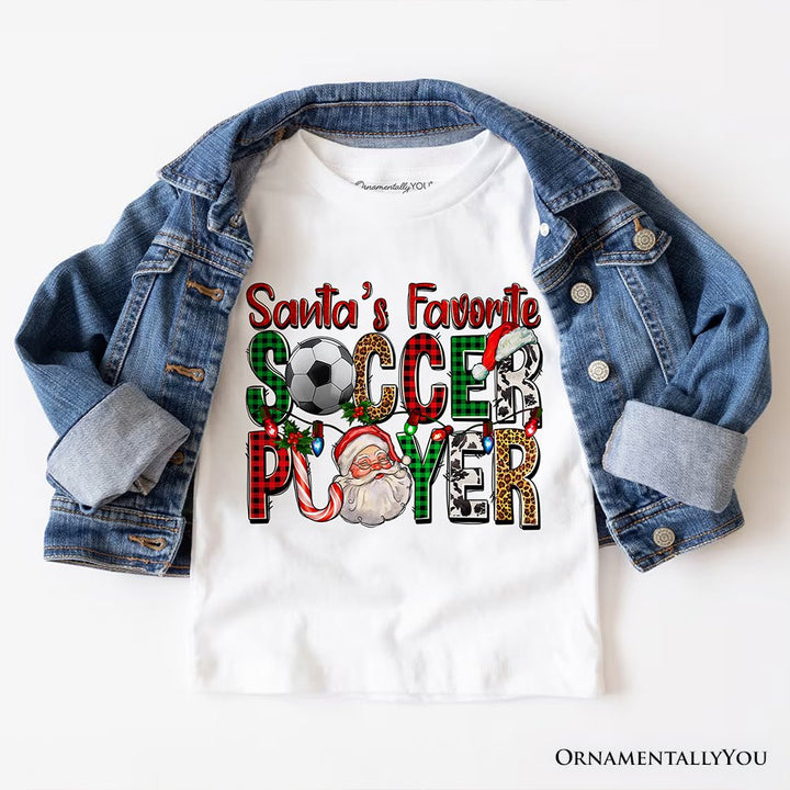 Santa’s Favorite Soccer Player Plaid Christmas T-Shirt, Sports Team Holiday Tee T-Shirts OrnamentallyYou White XS 