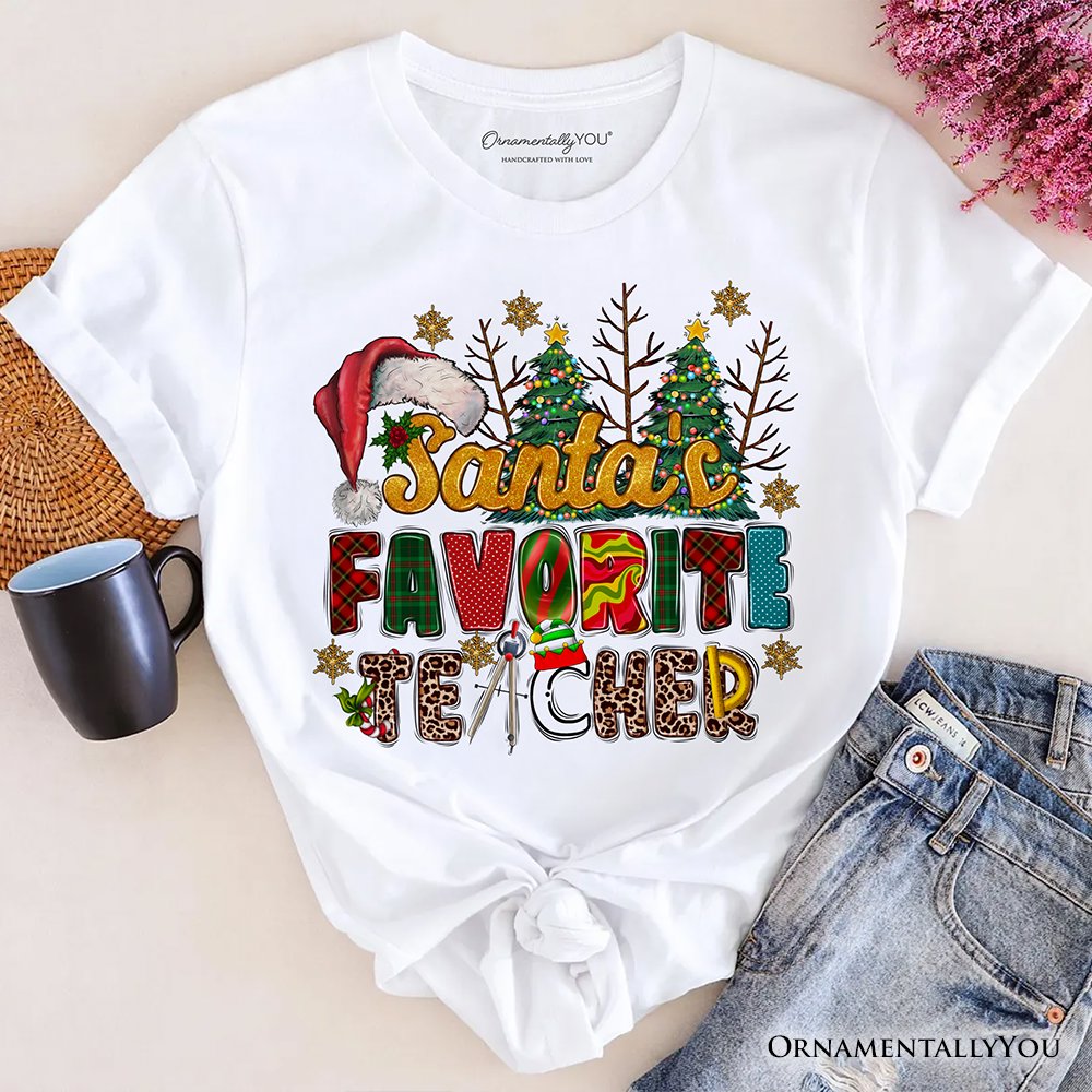 Santa’s Favorite Teacher Christmas T-Shirt, Fun Holiday Classroom Tee T-Shirts OrnamentallyYou White XS 