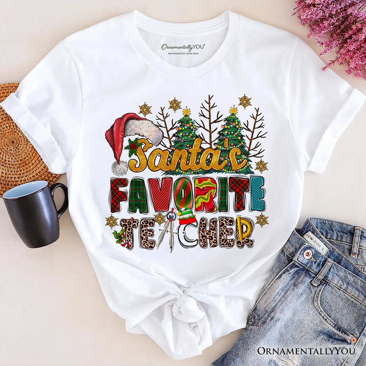 Santa’s Favorite Teacher Christmas T-Shirt, Fun Holiday Classroom Tee T-Shirts OrnamentallyYou White XS 