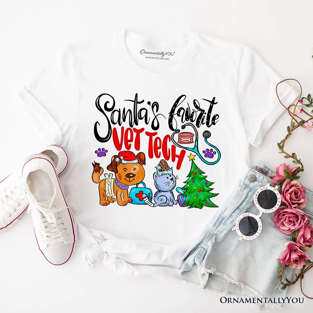 Santa’s Favorite Vet Tech Christmas T-Shirt, Festive Holiday Veterinary Tee T-Shirts OrnamentallyYou White XS 