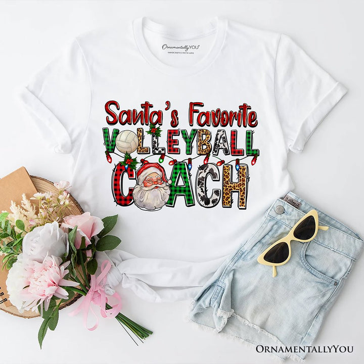 Santa’s Favorite Volleyball Coach Plaid Christmas T-Shirt, Sports Team Holiday Tee T-Shirts OrnamentallyYou White XS 