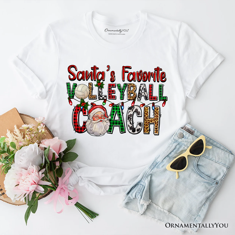 Santa’s Favorite Volleyball Coach Plaid Christmas T-Shirt, Sports Team Holiday Tee