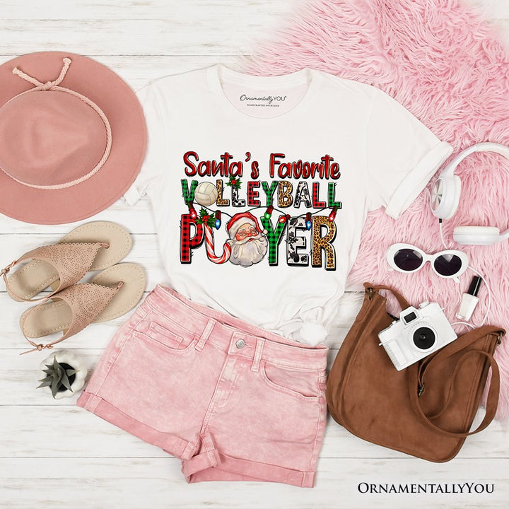 Santa’s Favorite Volleyball Player Plaid Christmas T-Shirt, Sports Team Holiday Tee T-Shirts OrnamentallyYou White XS 