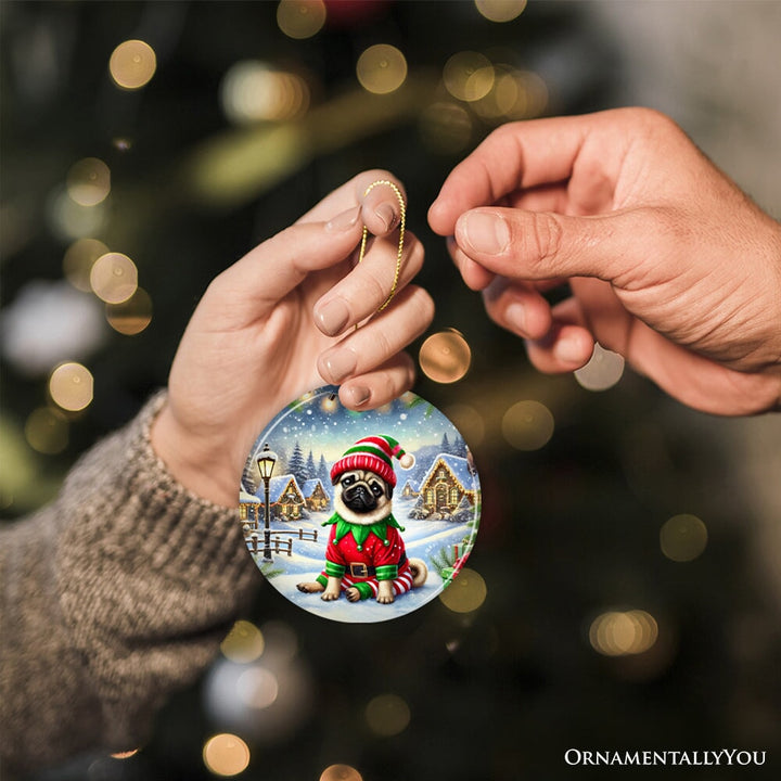 Santa's Little Helper Pug Elf Ornament, Whimsical Canine Christmas Decor Ceramic Ornament OrnamentallyYou 