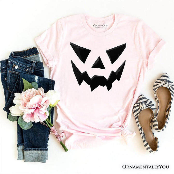 Scary Pumpkin Face T‑Shirt, Minimalist Tee with Spooky Flair T-Shirts OrnamentallyYou Soft Pink XS 