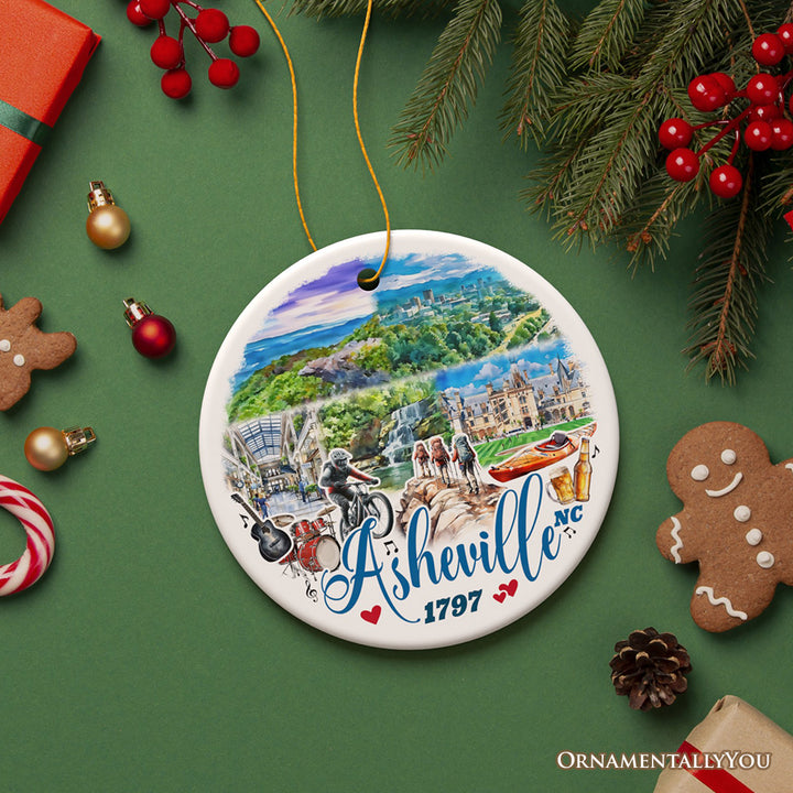 Scenic Asheville Mountain Town Ceramic Ornament, Nature and Historic North Carolina Christmas Gift and Tree Decor