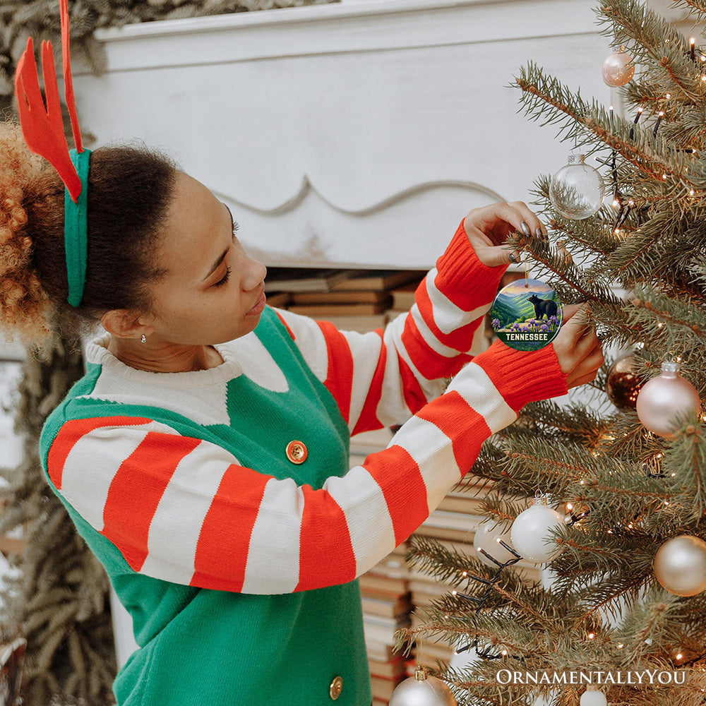 Scenic Tennessee Great Smoky Mountains Christmas Ornament, Black Bear and Wildflower Nature Gift and Tree Decor