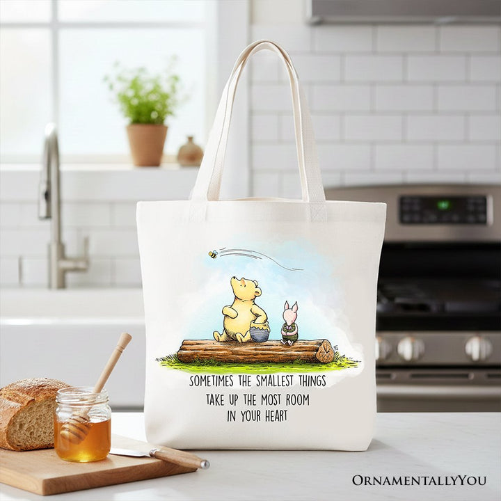 Sentimental Heartwarming Quote Bear Canvas Tote Bag, Small Things Friendly Gift Tote Bag OrnamentallyYou White 