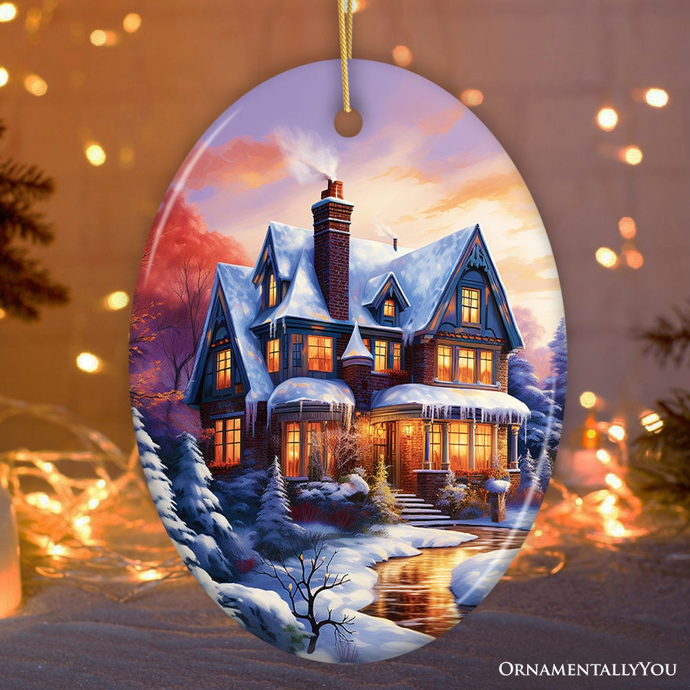 Serene Snowy House Painting Christmas Ornament, Tranquil Winter Wonderland Decoration Keepsake Ceramic Ornament OrnamentallyYou Oval 