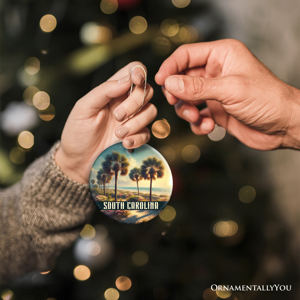 Serene South Carolina Palmetto Beach Scene Ornament, Coastal Christmas Gift and Tropical Keepsake