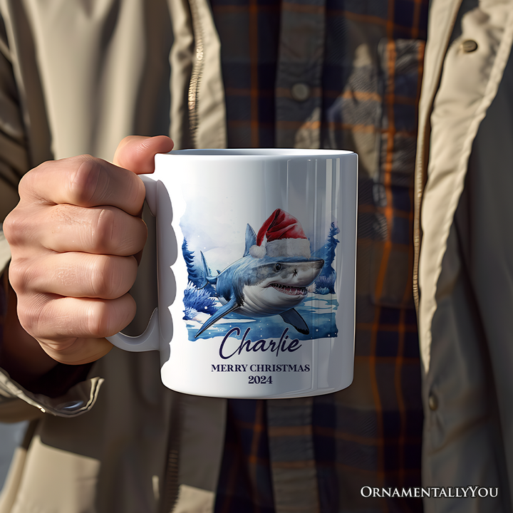 Shark with Santa Hat Personalized Mug, Festive Christmas Gift With Custom Name and Date