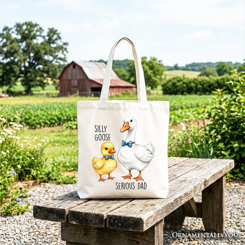 Silly Goose Serious Dad Tie Tote Bag, Cute Duo Fathers Gift Shopper Tote Bag OrnamentallyYou White 