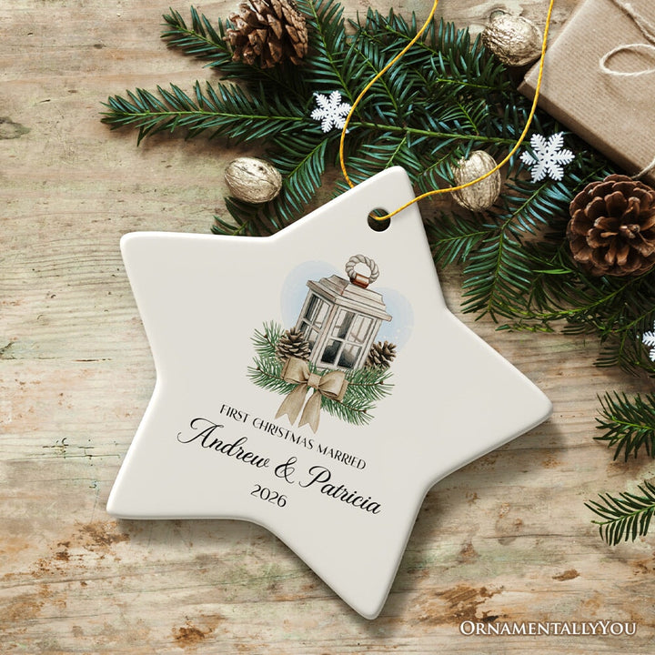 Simply Elegant Engaged or Married First Christmas Personalized Ornament, Newlyweds or Marriage Proposal Gift Ceramic Ornament OrnamentallyYou Star 