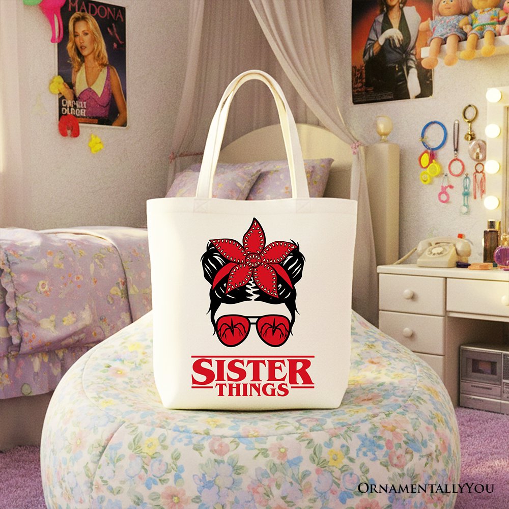 Sister Things Messy Bun Retro Canvas Tote Bag, Red Bandana Glasses Family Matching Gift Shopper Tote Bag OrnamentallyYou White 