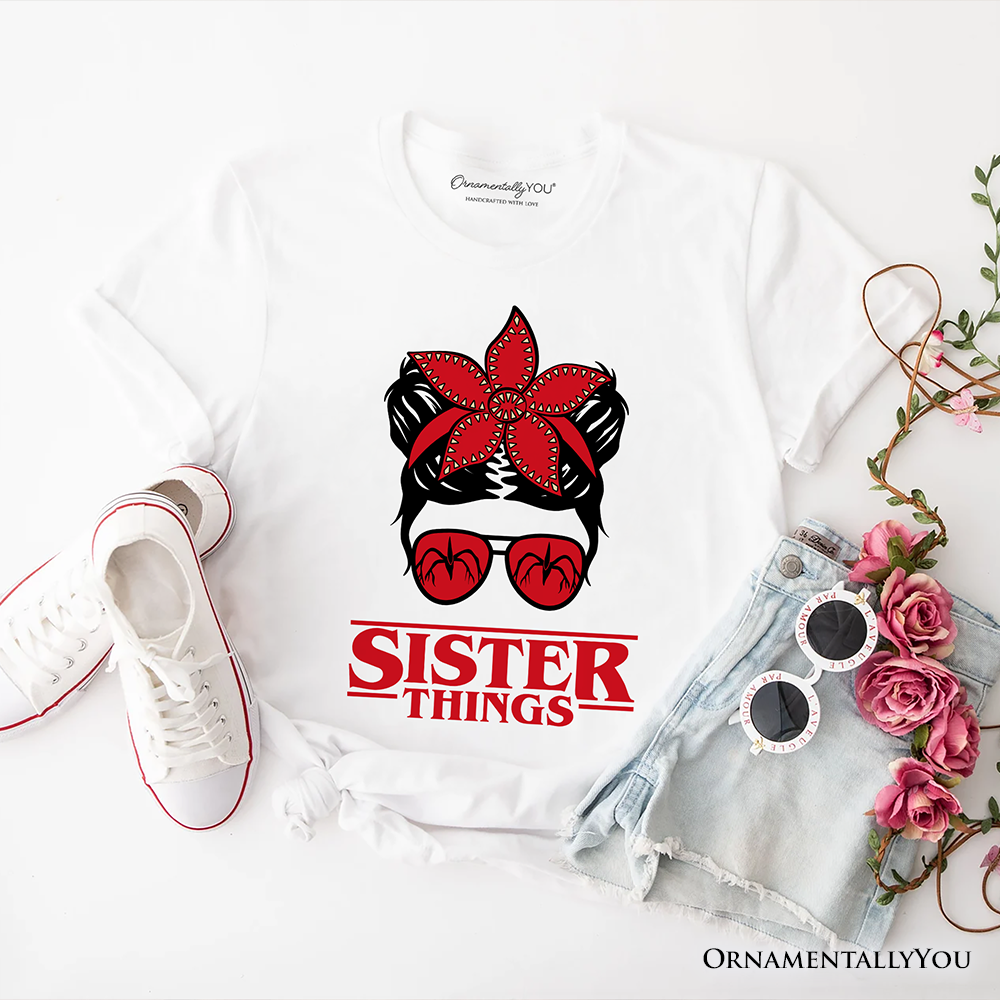 Sister Things Messy Bun Retro T-Shirt, Red Bandana Glasses Family Matching Tee