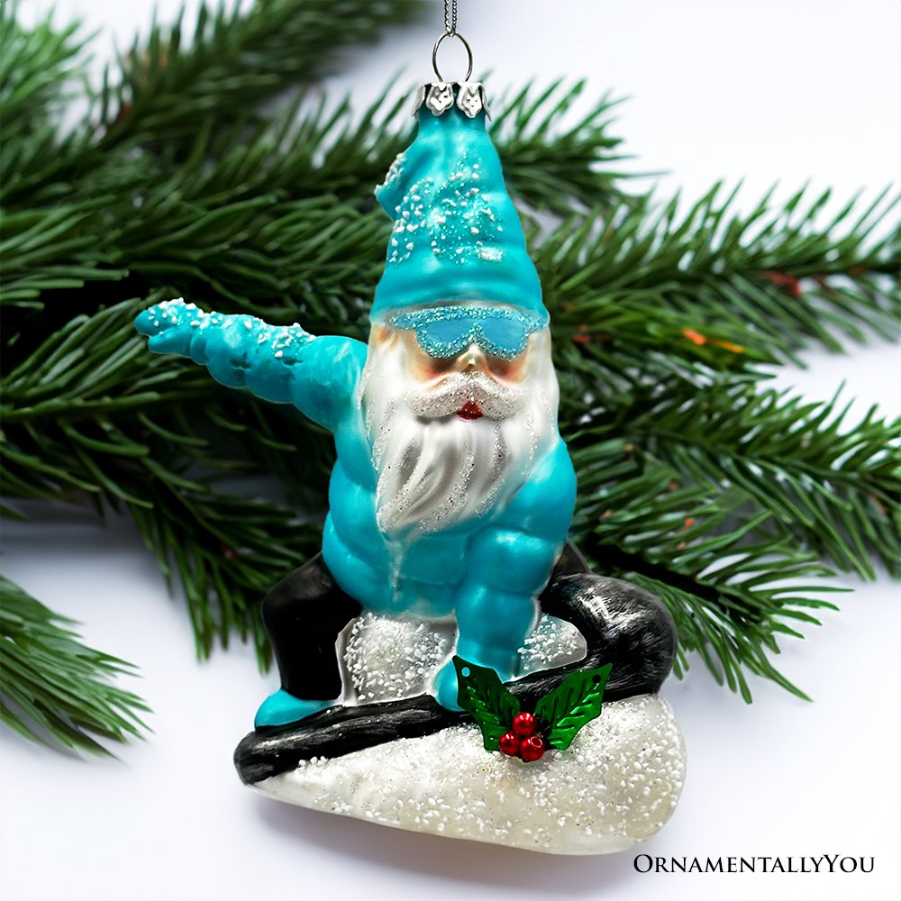 Snowboarding Gnome Glass Christmas Ornament, Winter Blue Aspen Tree Decor Glass Ornament OrnamentallyYou 