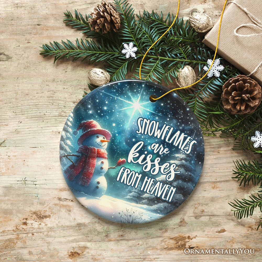 Snowflakes are Kisses from Heaven Christmas Ornament, Snowman in Magical Night Remembrance Gift Ceramic Ornament OrnamentallyYou Circle 