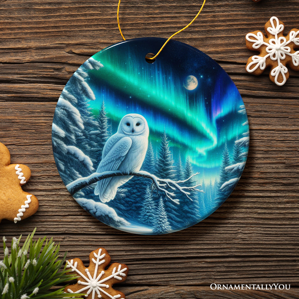Snowy Aurora White Owl Ceramic Ornament, Northern Lights Mystic Bird Gift and Tree Decor