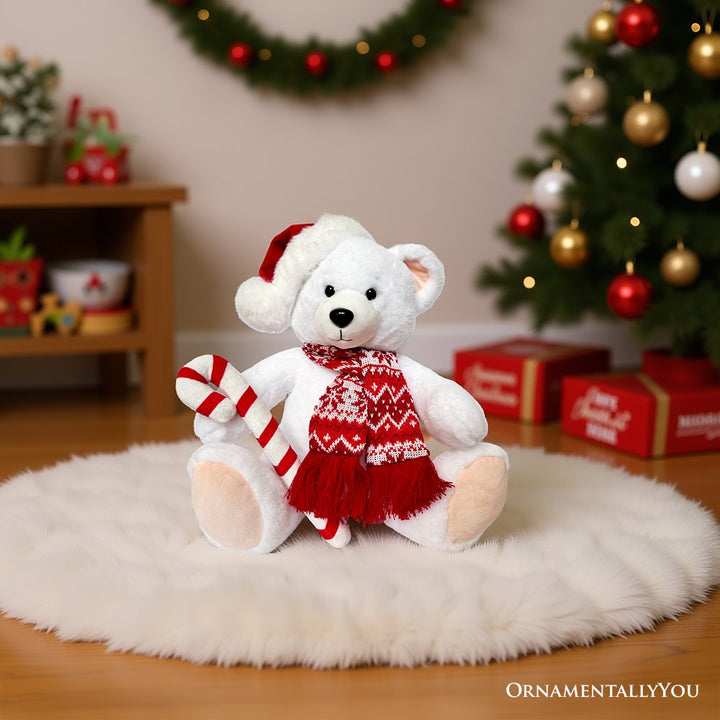 Snowy the Polar Bear Plushie, Cute Kids’ 12" Christmas Stuffed Toy, Santa Hat and Candy Cane Plush Toys OrnamentallyYou 