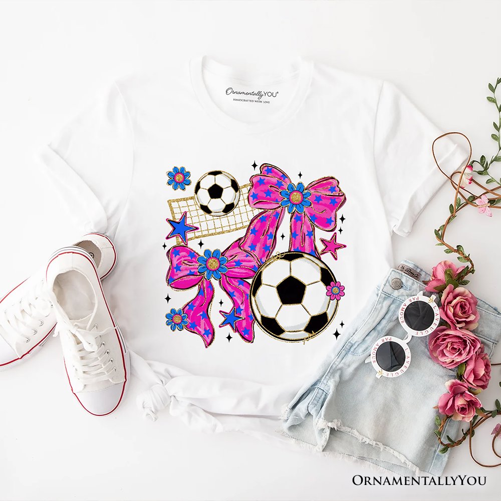 Soccer Coquette Pink Bow T-Shirt, Preppy Game Day Tee T-Shirts OrnamentallyYou White XS 