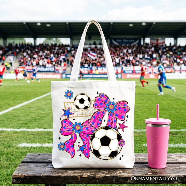 Soccer Coquette Pink Bow Tote Bag, Preppy Game Day Gift Shopper Tote Bag OrnamentallyYou White 