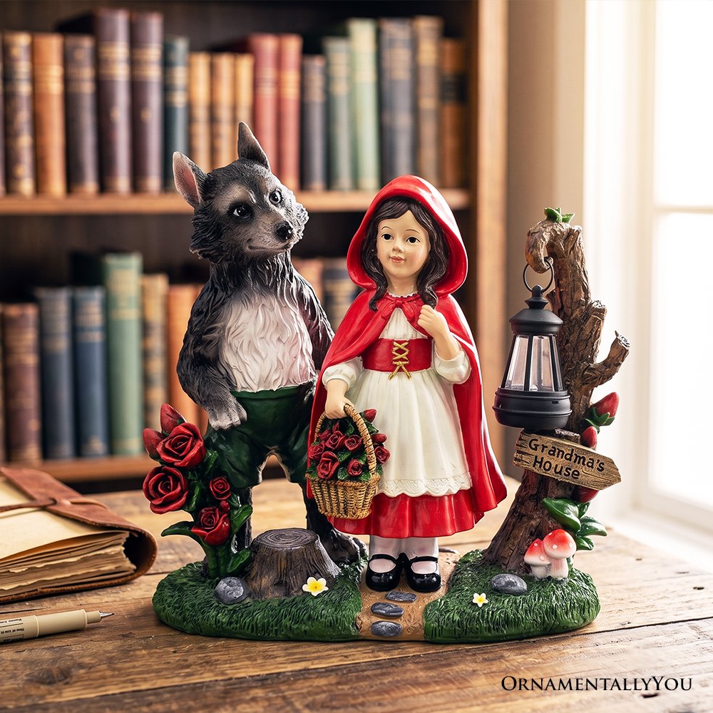 Solar Powered Little Red Riding Hood Garden Statue, 12" Lighted Fairy Tale Figurine Outdoor Decor Resin Statues OrnamentallyYou 