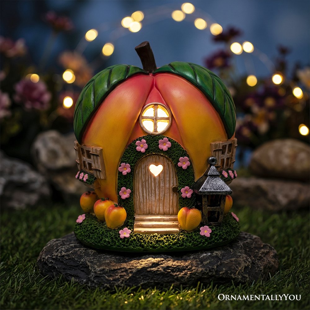 Solar Powered Peach Themed Garden Home Statue, 7" Lighted Cottage Figurine Outdoor Decor Resin Statues OrnamentallyYou 