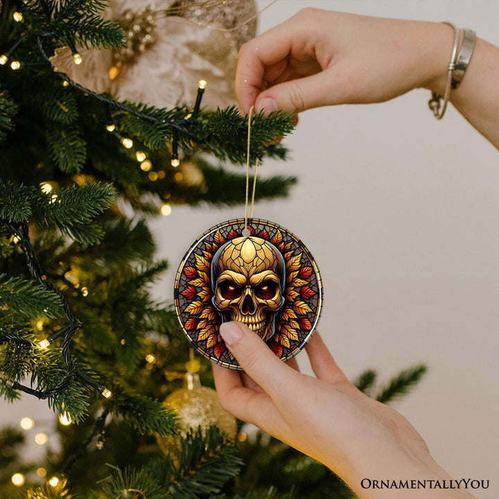 Spine-Chilling Haunting Skull Stained Glass Style Ceramic Ornament, Halloween Themed Christmas Gift and Decor Ceramic Ornament OrnamentallyYou 