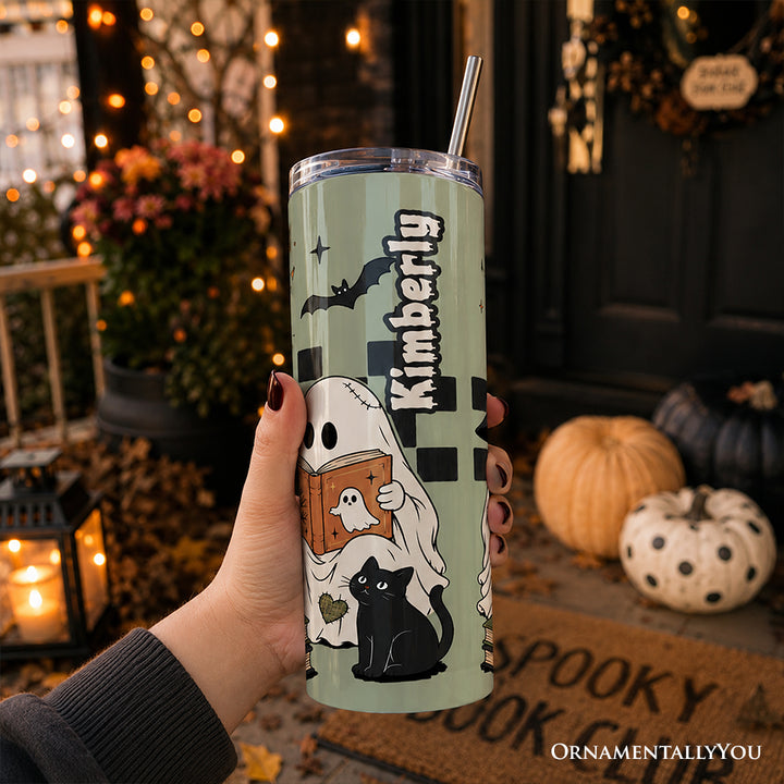 Spooky Ghosts Reading Books 20oz Personalized Tumbler With Lid and Stainless Steel Straw, Bookworm Halloween Gift Cup