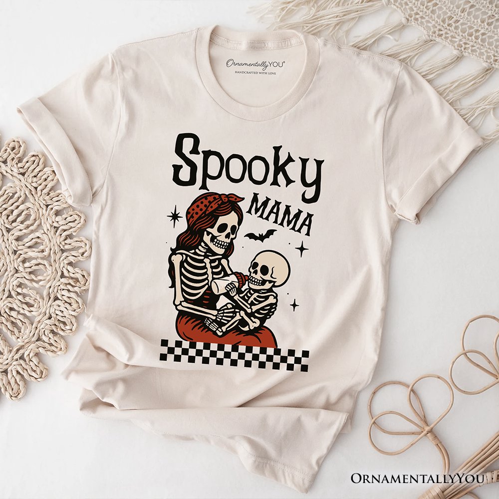 Spooky Mama Skeleton Halloween T-Shirt, Momster Retro Checkered Tee With Boo Vibes T-Shirts OrnamentallyYou Natural XS 