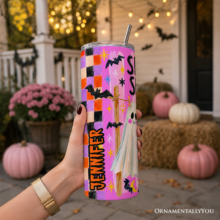 Spooky Season Ghost Skeleton Cat 20oz Personalized Tumbler With Lid and Stainless Steel Straw, Colorful Stripe Halloween Costume Gift Cup
