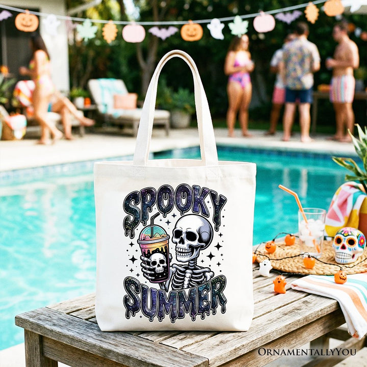 Spooky Summer Skeleton Tote Bag, Snarky Halloween Gift Shopper for Coffee and Horror Fanatics Tote Bag OrnamentallyYou White 